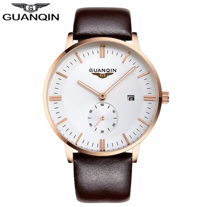 Montre homme GUANQIN Montres Hommes Sport En Cuir Décontractée Montre À Quartz Hommes De Luxe Bracelet Étanche Brown Gold White