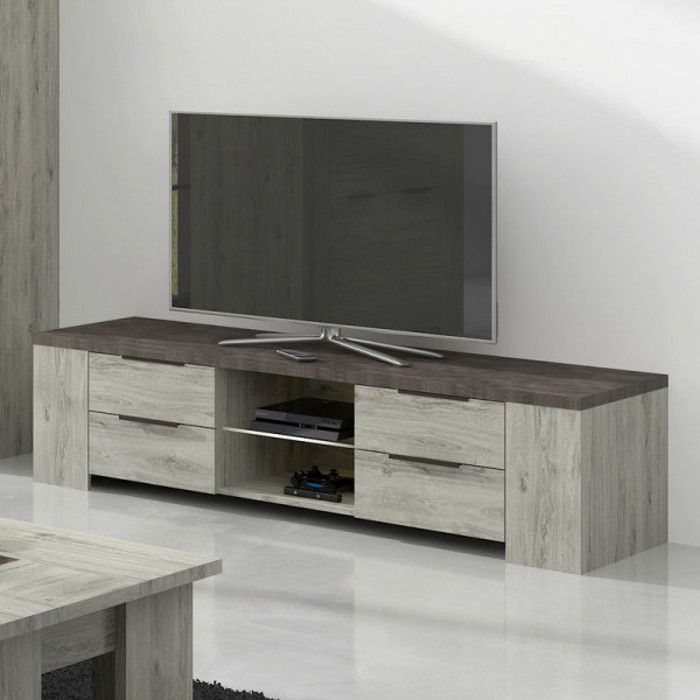 Meuble TV 4 tiroirs 2 niches Bois gris/Béton - RIUCKO - Gris - Bois - L 170 x l 52 x H 43 cm - Meuble tv