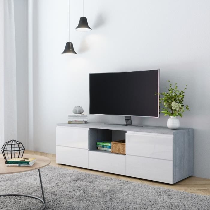 e-Com Meuble TV Sydney - 140 cm - Béton et Blanc Brillant