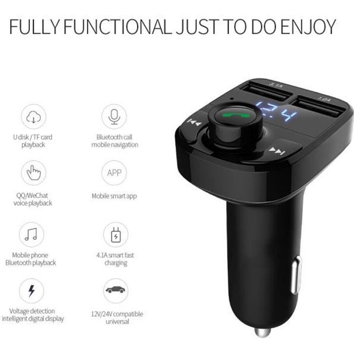 Transmetteur FM Bluetooth, Voiture Bluetooth Lecteur MP3 Adaptateur Allume-cigare Sans Fil Émetteur, Clé USB