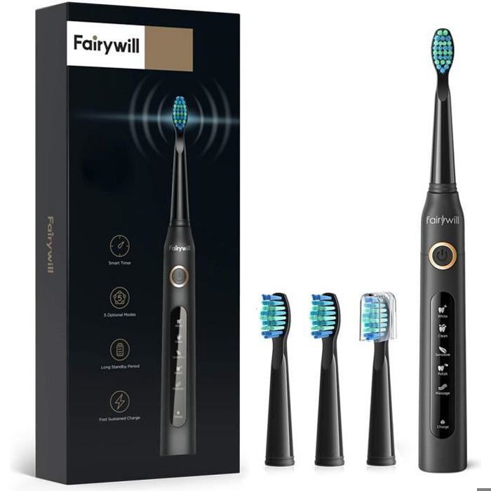 Brosse à dents electrique rechargeable sans fil pour adultes Etanche 5 Modes à choisir noir - Brosse à dents électrique Sonic