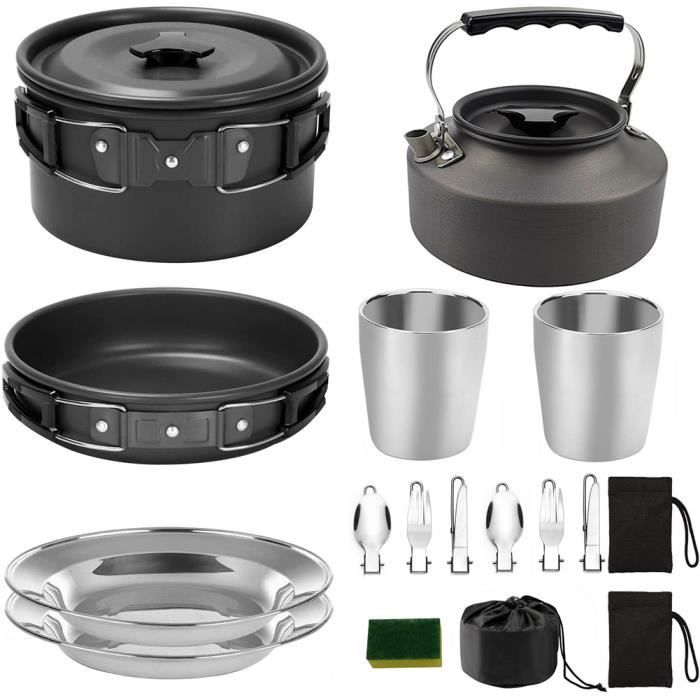 Camping Ensembles de cuisine Batterie de cuisine Pot Coupes Pan assiettes Forks pour Cuiller Cooker extérieur Randonnée
