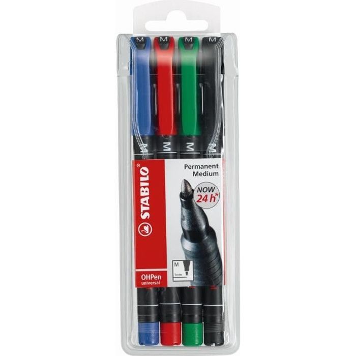 STABILO - 4 stylos Feutre OHPen - Encre permanente - Pointe moyenne 1,0