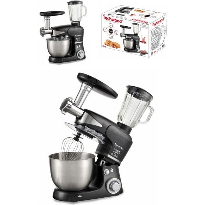 Robot PETRIN Pâtissier NOIR Multifonctions Bol inox 5L + BLENDER 1.5L + Hachoir 1000W Sélecteur 6 vitesses témoin LED NOIRE