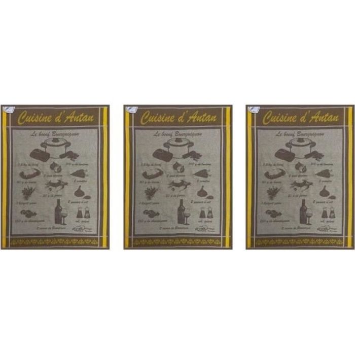 Lot de 3 Torchons Jacquard tissés 100% coton - Cuisine d'Antan - Jaune - 50x70 cm - Lavable en machine