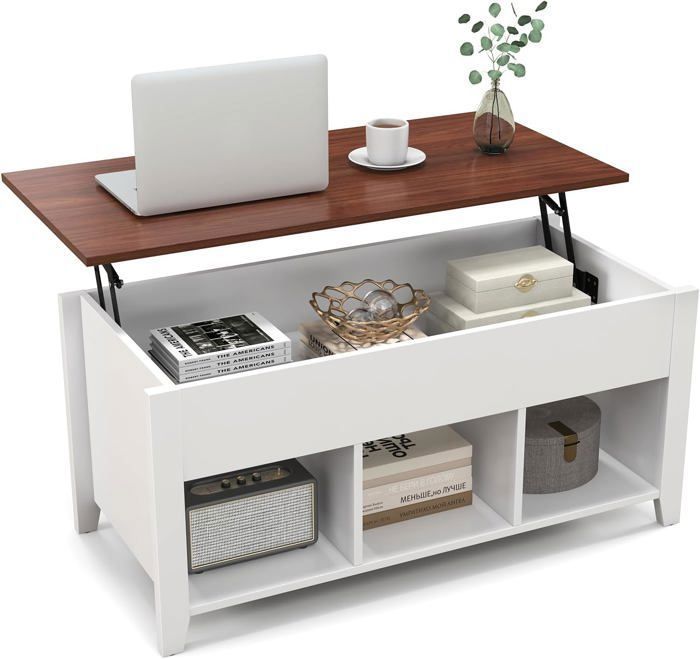 GOPLUS Table Basse Relevable Moderne105x52x485CMPlateau Relevable avec Espace Caché et 3 Bacspour Salon/Bureau Blanc