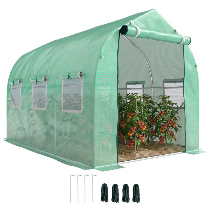 Serre de jardin tunnel - Outsunny - 6 m² - avec 6 fenêtres et porte à fermeture éclair - toile PE structure en fer galvanisé - vert
