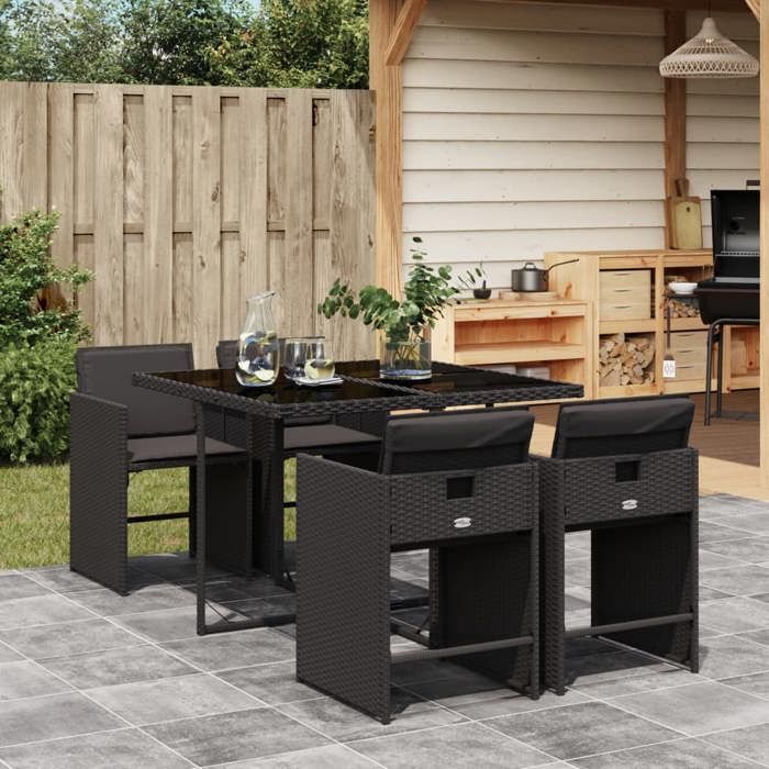 (Noir)Ensemble à manger de jardin coussins 5pcs - Salon De Jardin Extérieur - Noir Résine tressée 900134