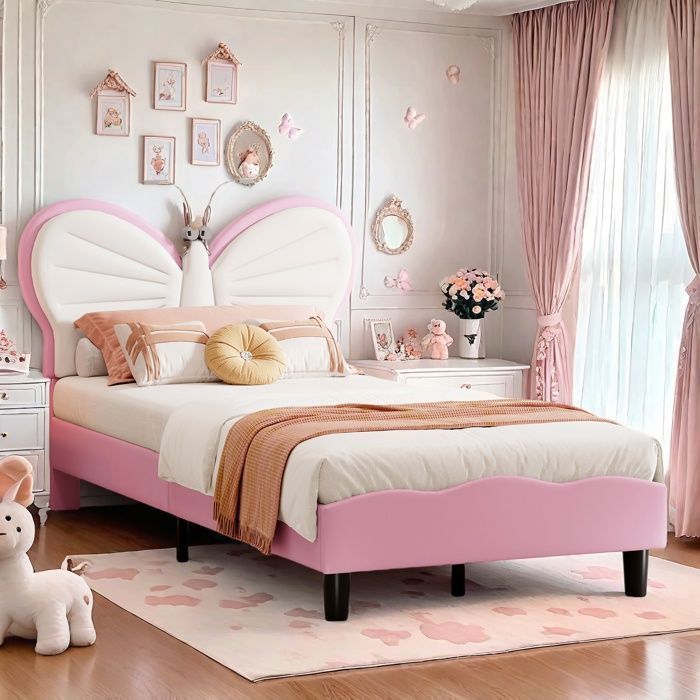 Lit enfant 90x200 cm avec sommier Lit fille 90x200cm avec lampe de lecture Tête de lit papillon réglable en hauteur Velours Rose