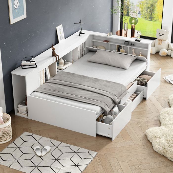 Lit enfant 90*200cmLit simple avec tiroirsbibliothèque et armoire de rangementsommier avec espace de rangementMDFBlanc