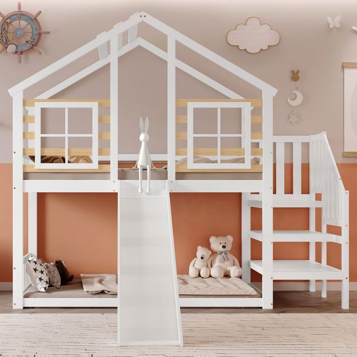Lit superposé enfant - SOGEU - cabane90x200 - 90 x 200 cm - Bois massif & MDF - Blanc escaliers et toboggan barrières sécurité