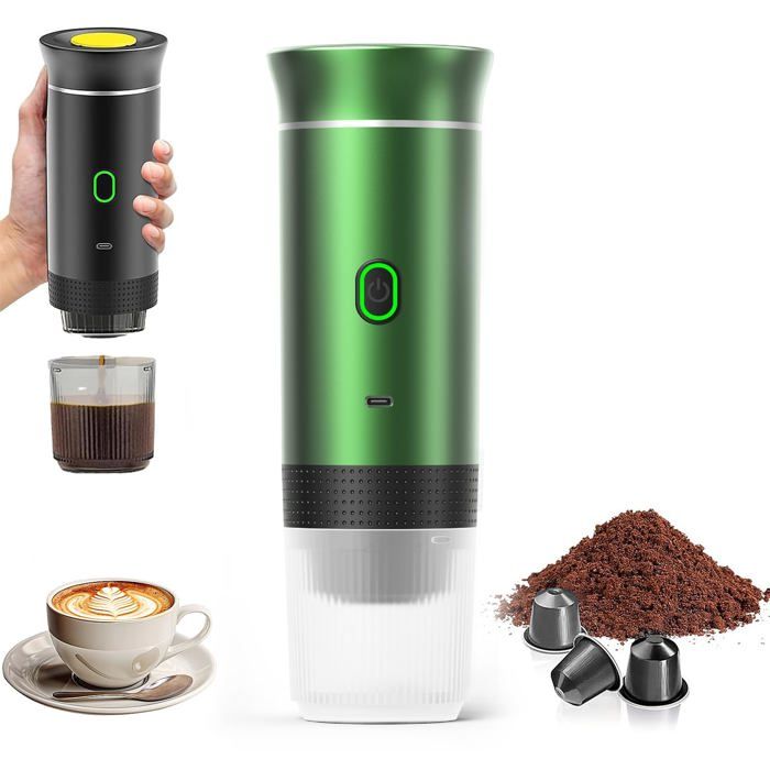 Machine à Café Portable 3-en-1 USB Rechargeable 72W - Expresso Capsules Ou Moulu, 15 Bars, Écran LED - Kaki Pour Voyage, Bureau, Camping