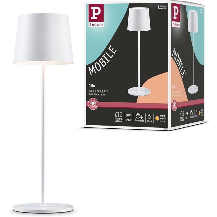 Lampe à poser - PAULMANN - Gilo 76997 - LED rechargeable - IP44 - Blanc dépoli