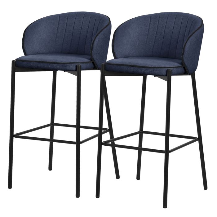 Lot 2 tabourets de bar ML-Design tissu bleu foncé hauteur 76 cm avec dossier et repose-pieds cuisine