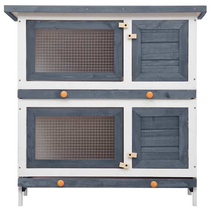 Clapier dextérieur - WIENS - 4 portes - Gris - 90x45x90 cm - Bois de sapin massif - Treillis métallique - Toit étanche