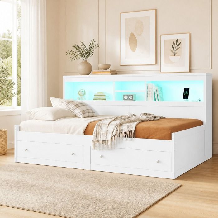 Lit banquette 90 x 200 cm EVRYAE avec tiroirs rangements LED USB et prises sommier à lattes blanc