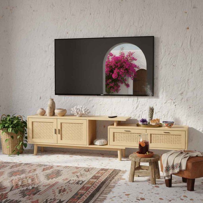 Meuble TV Extensible - 146-180cm Chêne - Effet Cannage PVC Durable - Pieds Bois Massif - Pour TV 75 - Style Scandinave