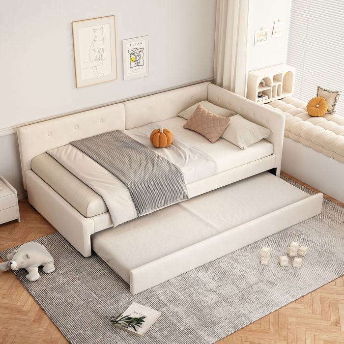 Lit gigogne 2 en 1 - MERAX - Lit 90x200 Beige - Velours & MDF - Sommier inclus - Gain de place Lit gigogne 2 en 1 - MERAX - Lit 90x200 Beige - Velours & MDF - Sommier inclus - Gain de place