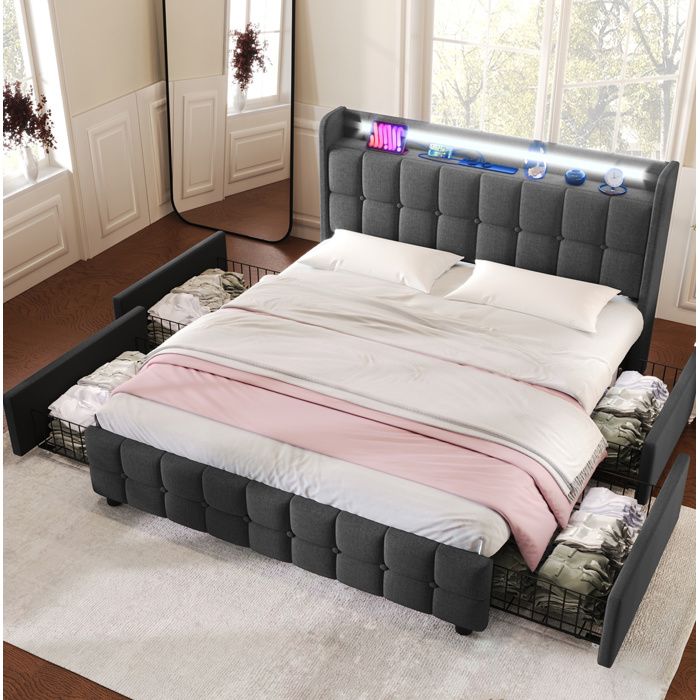 MEUBLIV Lit avec tiroirs lit adulte 180x200cm avec 2 tiroirs lampe LED et fonction de chargement USB lin gris sans matelas