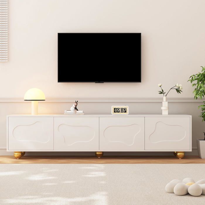 Meuble TV 180 x 40 x 45 cm - Meuble bas avec portes en forme de nuage - 5 pieds - 2 armoires - Blanc