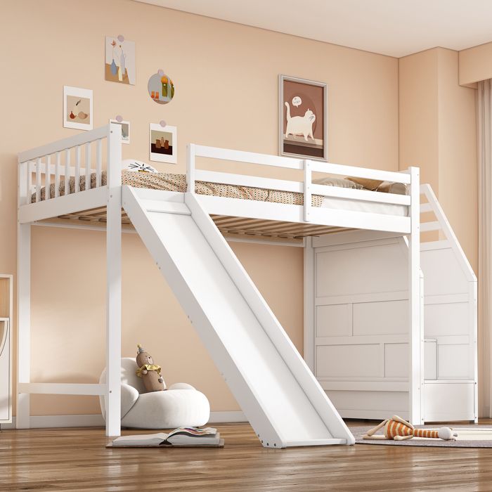 Lit superposé enfant - Mezzanine 90x200 - Toboggan intégré - Marches rangement - Certifié EN747