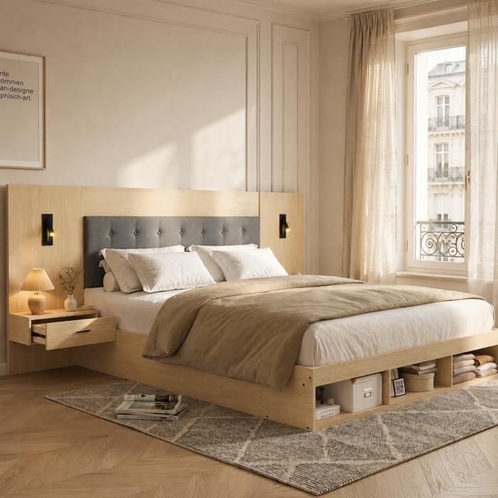 Lit double 160x200 cm avec rangement USB et Type-C lampe de lecture et 2 tables de chevet chêne clair