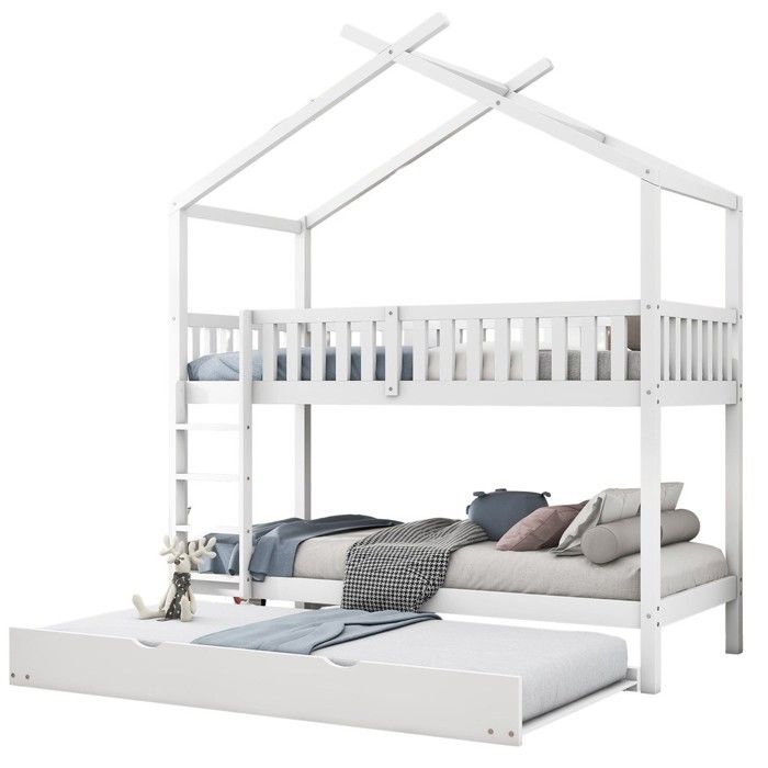 Lit superposé enfant - Lit cabane extractible - 90 x 200 cm - Convertible 3 lits (escamotable) - Bois massif blanc