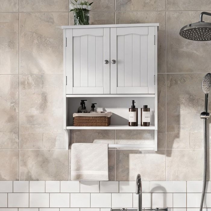 Meuble de salle de bain mural blanc avec porte-serviettes et 2 étagères réglables en MDF laqué 56 9 x 19 x 70 cm