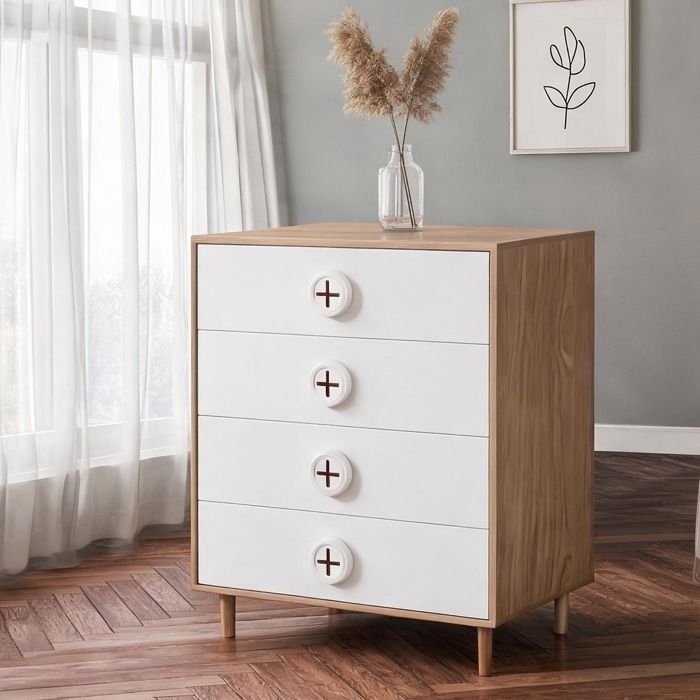 Commode 4 tiroirs 80x54x90 cm design contemporain blanc et bois naturel MDF laqué