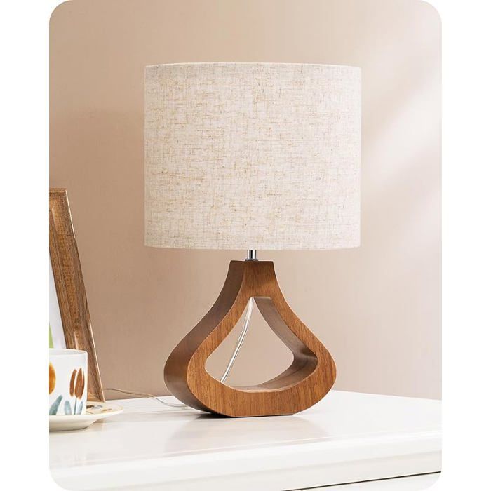 Lampe de Chevet avec Abat-jour en Lin Base en Bois Massif de Teinte Chêne Moyen E27 4W Ampoule LED Incluse Marron