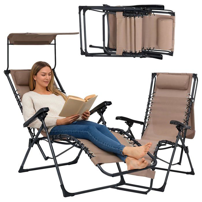 Chaise Longue Pliante Transat jardin avec Pare-Soleil 51 × 88 × 107 cm