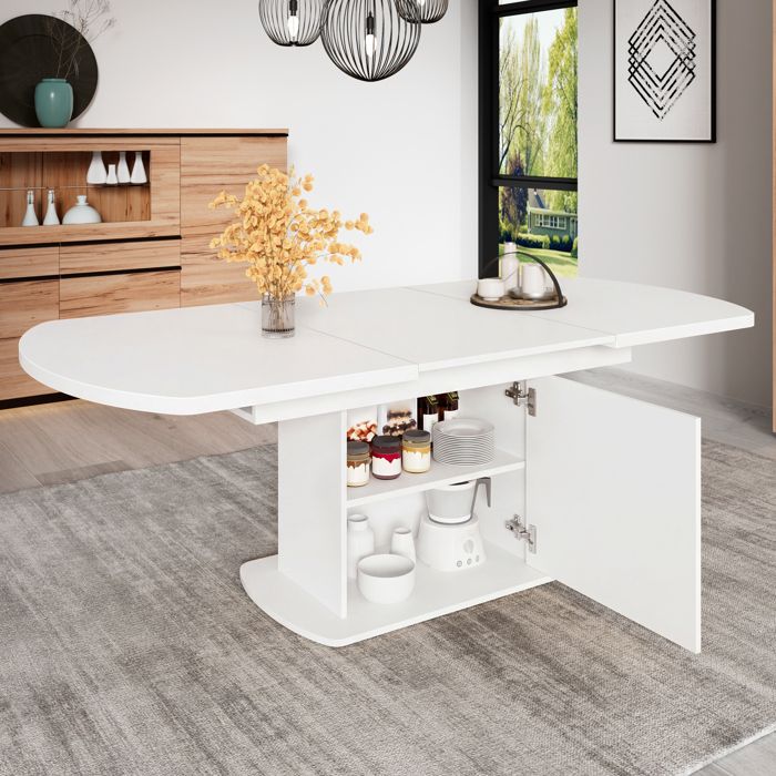 Table à Manger Ovale Extensible 140/200x80x75cm Table à Manger avec Rangement Table de Cuisine pour 6 à 8 personnes Blanc
