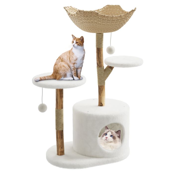 Arbre à Chat Design Bois Naturel 150cm Style Branche Paniers Rotin Grande Niche - Idéal Grands Chats