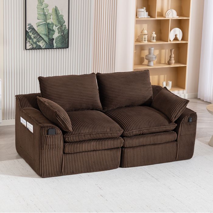 Canapé 2 places en velours côtelé marron avec coussins et poches latérales - TCQPZ - compressé 191 × 94 × 85 cm