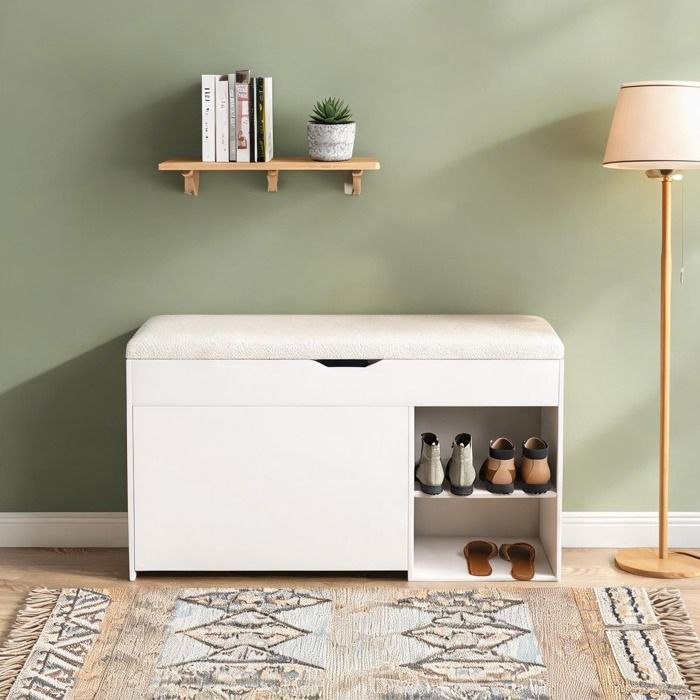 Banc dentrée contemporain en MDF blanc avec coffre relevable et rangement chaussures pivotant 100x30x52 cm