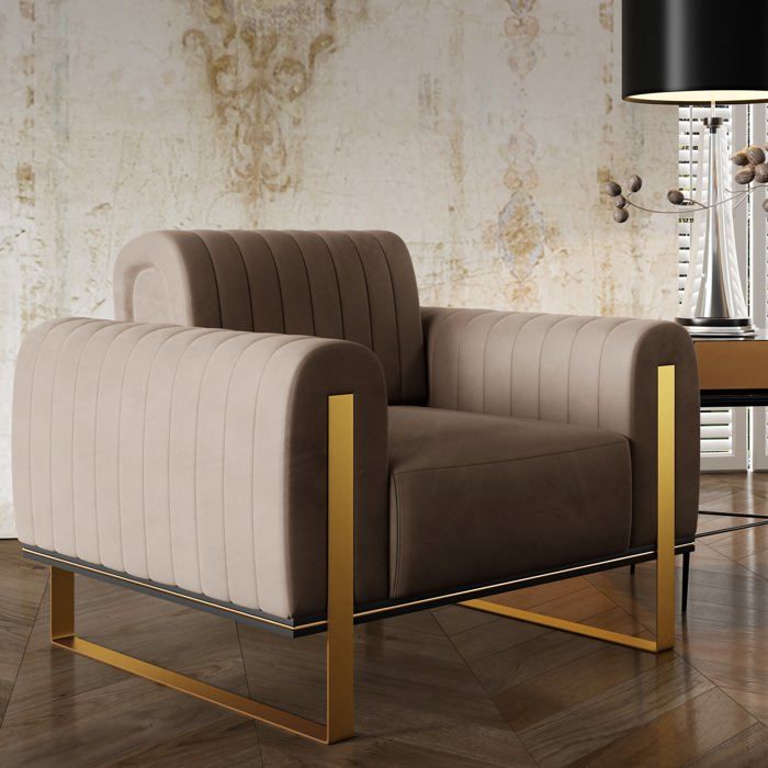 Fauteuil - Parissa - 106 cm - velours Beige pieds dorés Fauteuil - Parissa - 106 cm - velours Beige pieds dorés