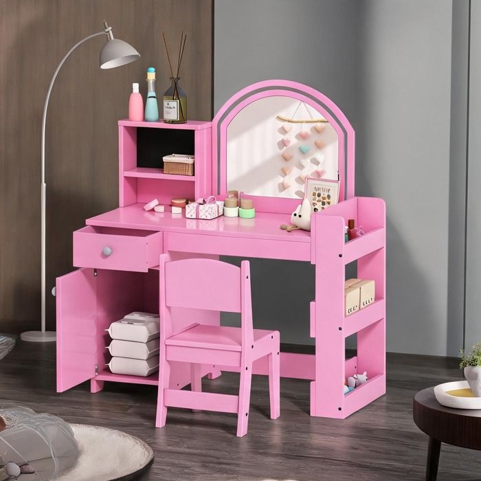 Coiffeuse enfant avec miroir LED bicolore et nombreux rangements en MDF soft pink 88.6 x 38.8 x 96.9 cm