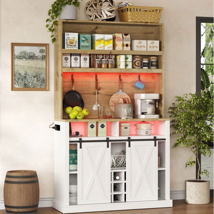 Meuble haut de cuisine avec vitrine - SENVIRO - 110 x 40 x 191cm LED RGB prise USB crochets range-bouteilles MDF naturel blanc