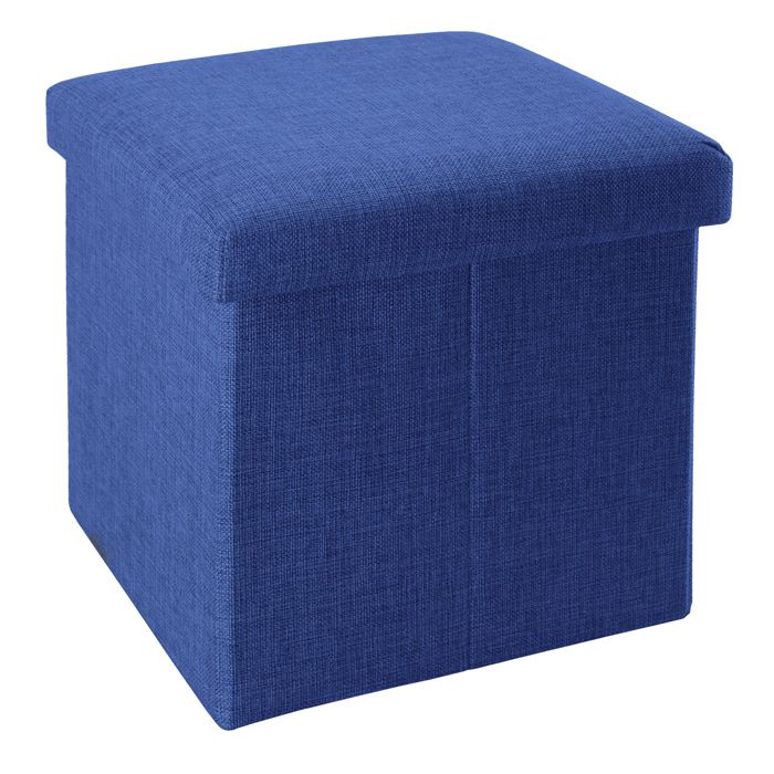 Pouf coffre de rangement pliable 38x38x38 cm bleu mer - tabouret cube tissu aspect lin avec couvercle repose-pieds