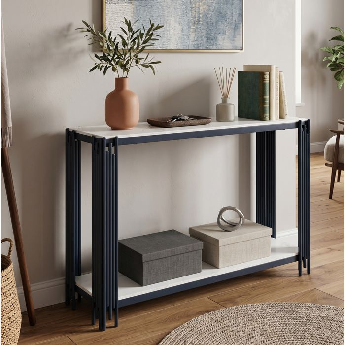 Table console AESVAR 2 étagères effet marbre blanc structure métal noir 123 5 x 33 5 x 80 cm