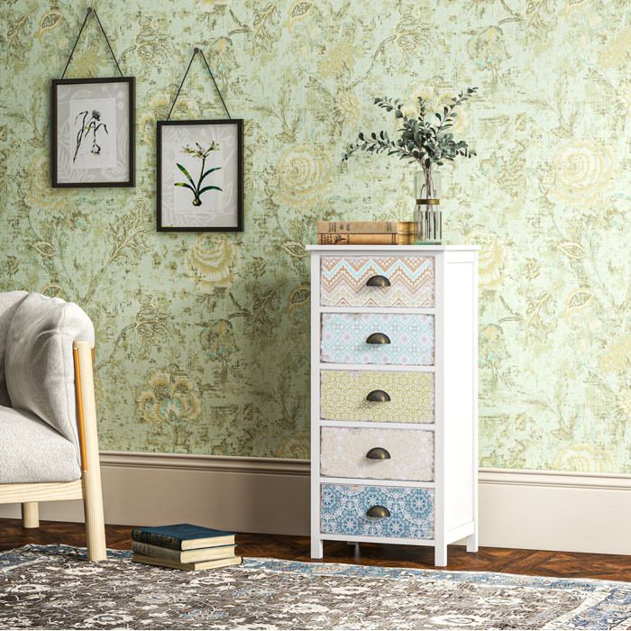 Commode 5 Tiroirs Shabby Chic Multicolore Structure Robuste 50 kg - YEAVIO - MDF Chambre 46×34×97 5 cm