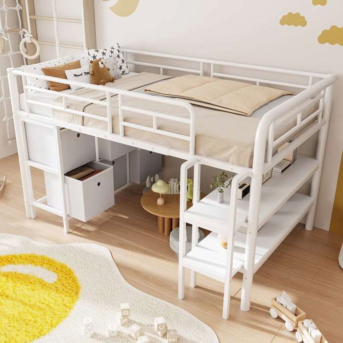 Lit mezzanine enfant 90x200 cm blanc métal escalier large tiroirs et étagères coins arrondis sans sommier ni matelas