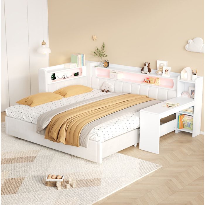 ROVRYN Lit combiné 90x200 extensible 180x200 avec lit gigogne bureau intégré LED USB étagères blanc