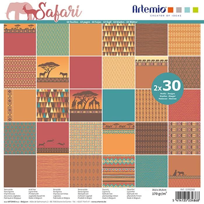 Bloc de 60 feuilles de papier scrapbooking 30x30 cm 'Safari' d'Artemio