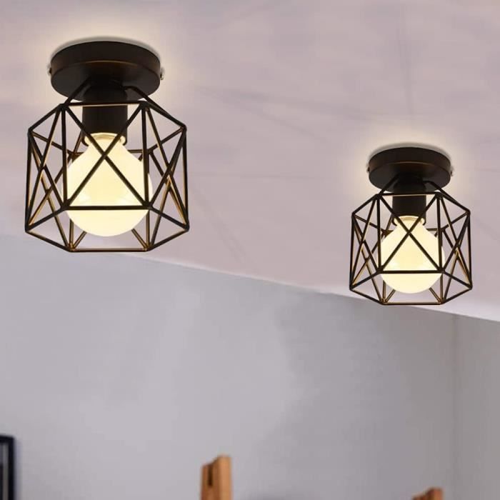 Plafonnier Industriel Métal Carré IDEGU - Lustre Cage Noir E27 40W - Style Rétro Pour Salon, Chambre Ou Bar - Lot De 2
