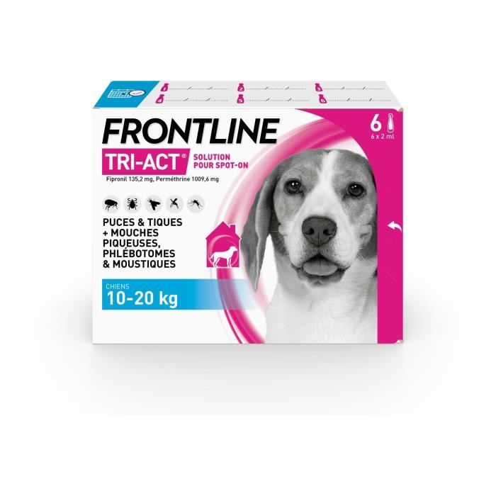 FRONTLINE Tri-Act Chiens M - 10 à 20 kg - 6 Pipettes - puces, tiques, moustiques, phlébotomes et mou