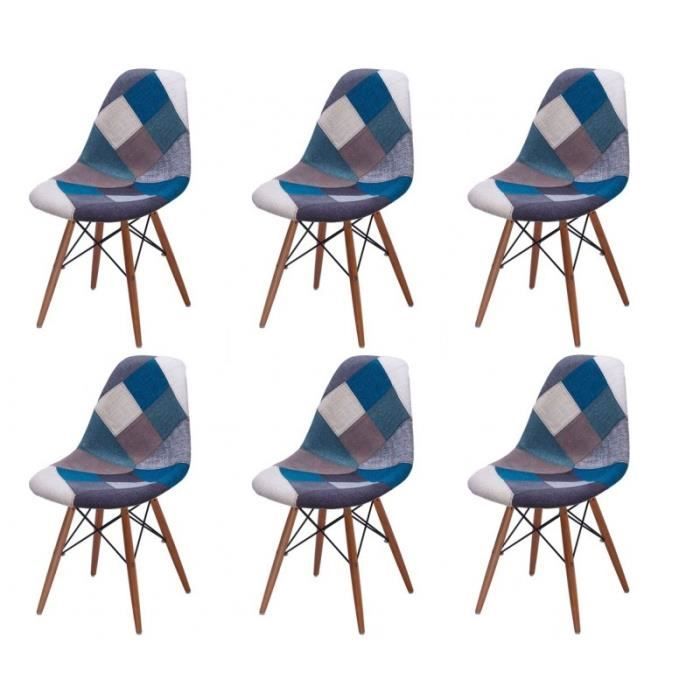 Lot 6 chaises Patchwork Bleu tissu & bois de hêtre  RETRO  Cdiscount