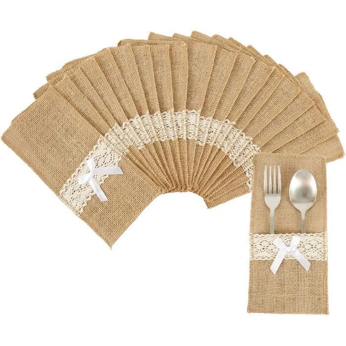 20 pcs Sac à Couverts Toile de Jute et Dentelle Porte Couvert avec Noeud Rustique Pochette de Couvert Fournitures Vintage Déco[265]