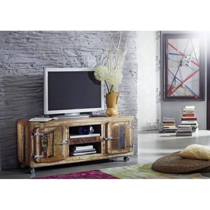 Meuble TV avec roulettes - Bois massif recyclé laqué (Multicolore) - Inspiration Ethnique - FREEZY #10