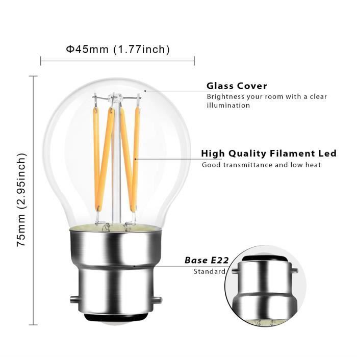 4W Ampoule LED Filament à Bayonnate G45 B22 2700K Blanc Chaud 470Lm Ampoule Vintage Non-dimmable Lot de 6